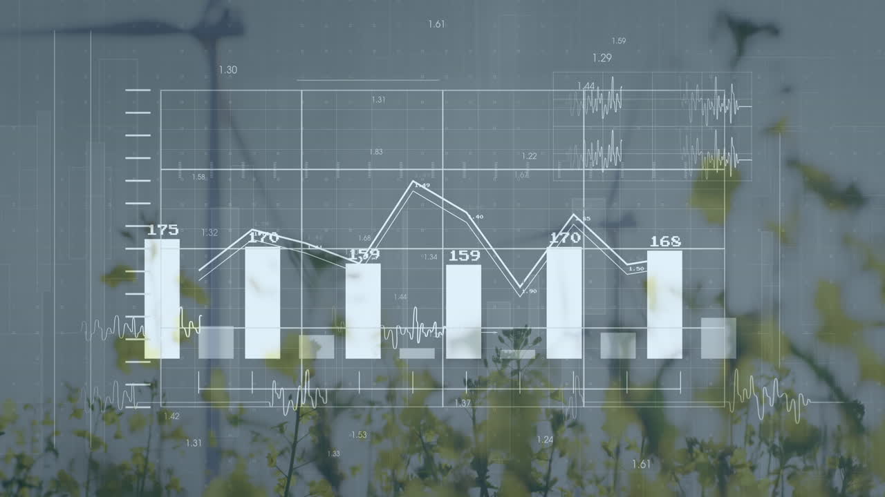 풍력 터빈과 풍경에 대한 금융 데이터 처리 애니메이션