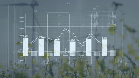 animación del procesamiento de datos financieros sobre turbinas eólicas y paisajes