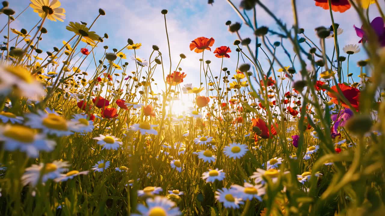 Fiori vivaci ripresi da un'angolazione bassa contro un cielo luminoso, catturando l'essenza della primavera