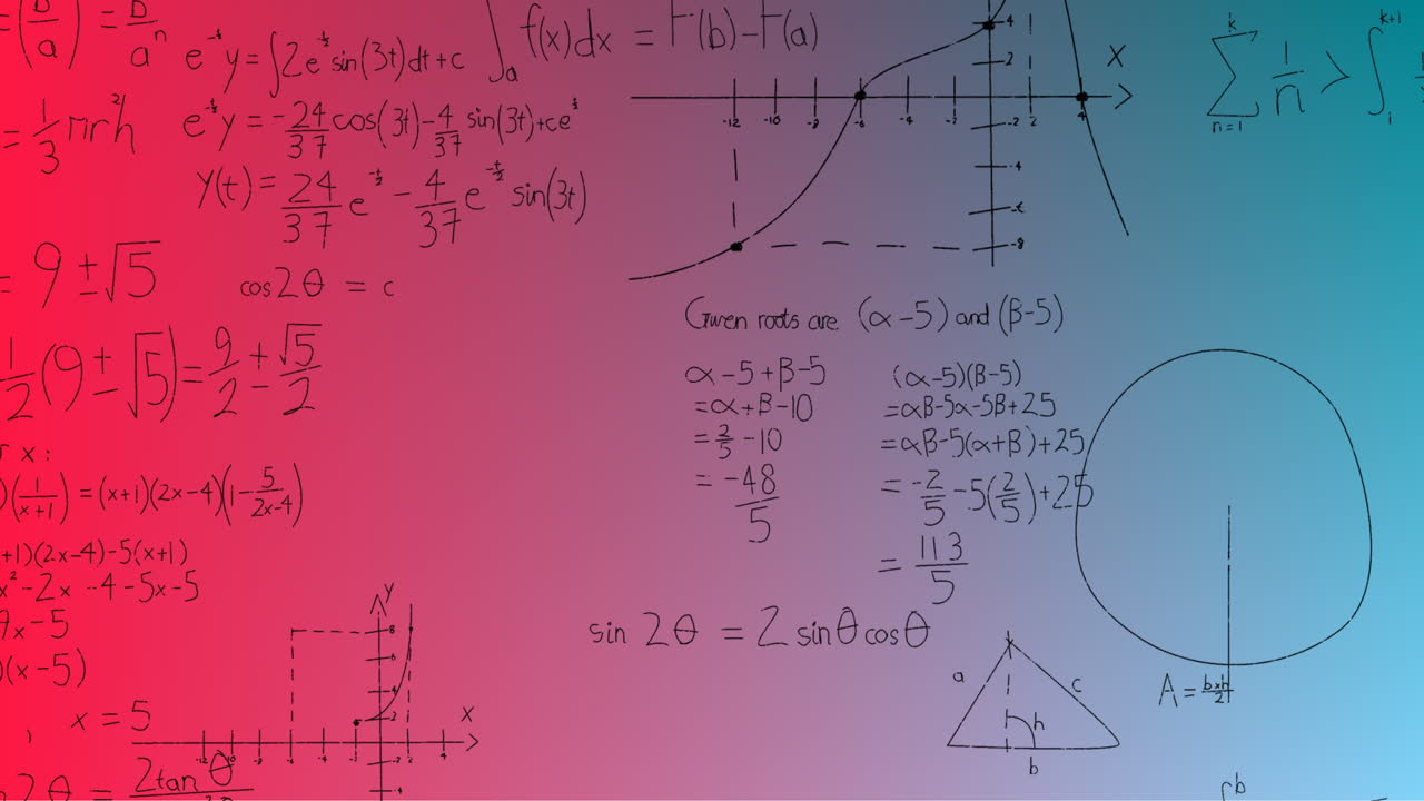 Animation of handwritten mathematical formulae over blue to pink background