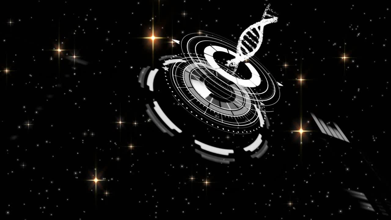 Faint broken circle appearing in space initiating rings forming and spinning, DNA helix rising