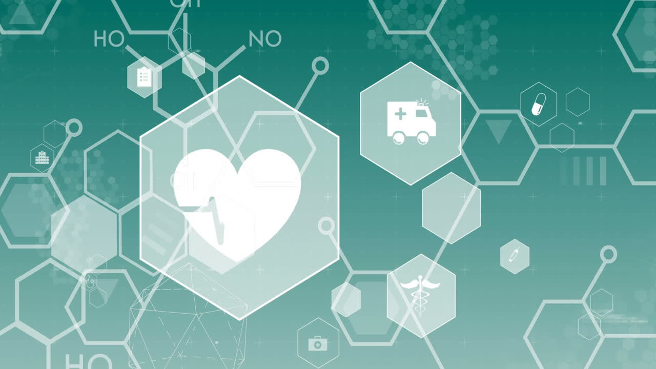 녹색 배경에 대한 화학 구조 및 다중 의료 아이콘의 디지털 애니메이션