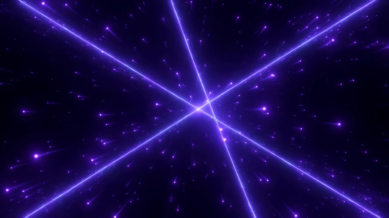 Midpoint frame shows intersecting purple laser beams slicing through a dark cosmic void