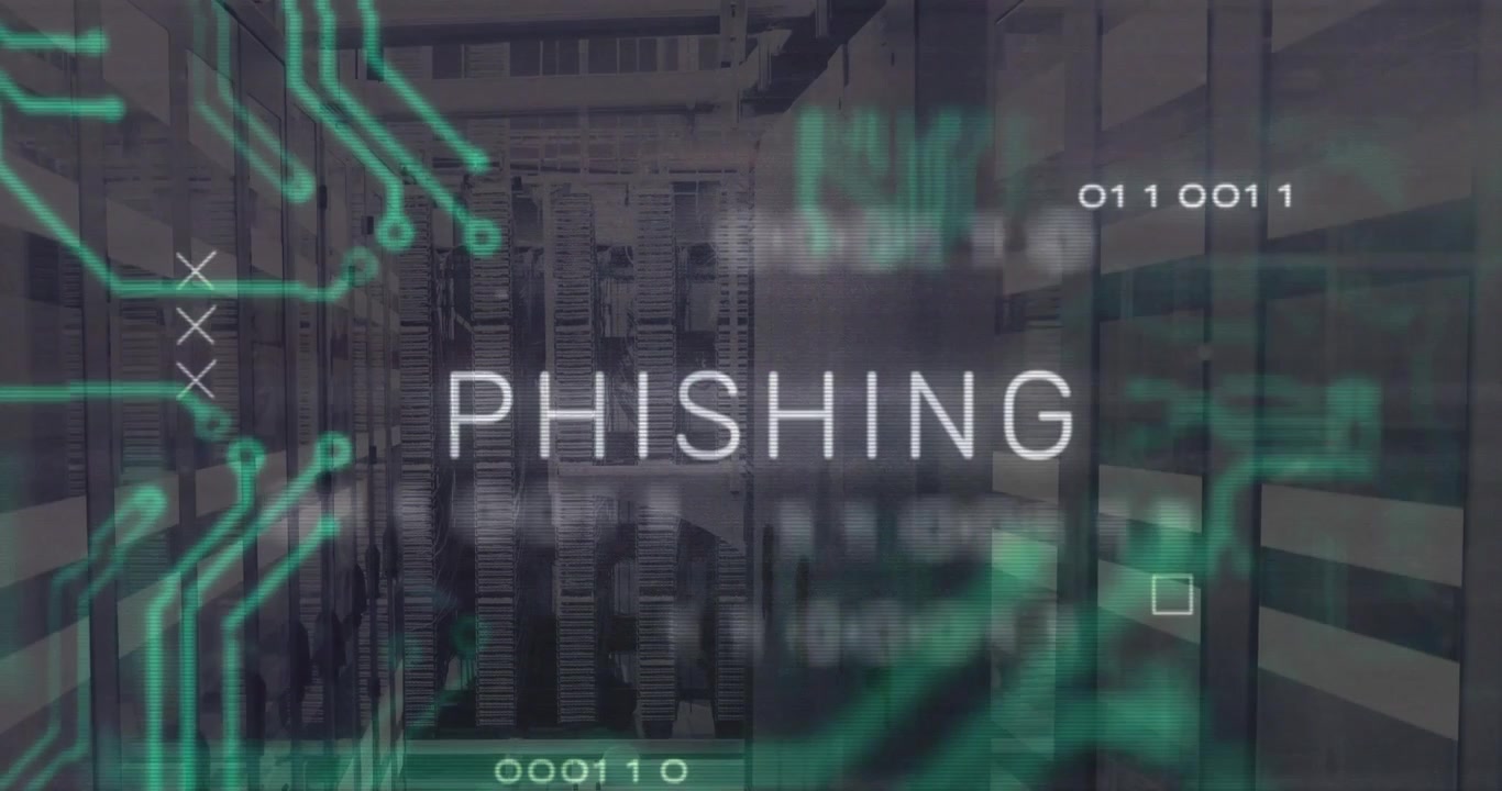 On corridor dimming 3D circuits emerging on server racks illuminating PHISHING text warning