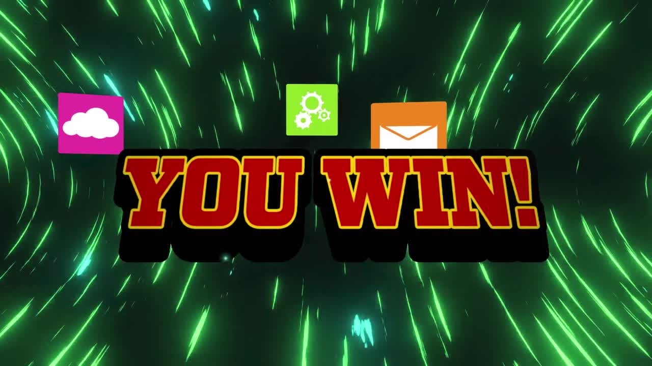 폭발적인 모양의 애니메이션으로 텍스트와 컴퓨터 아이콘을 빛나는 조명 루프에 맞춰 니다.