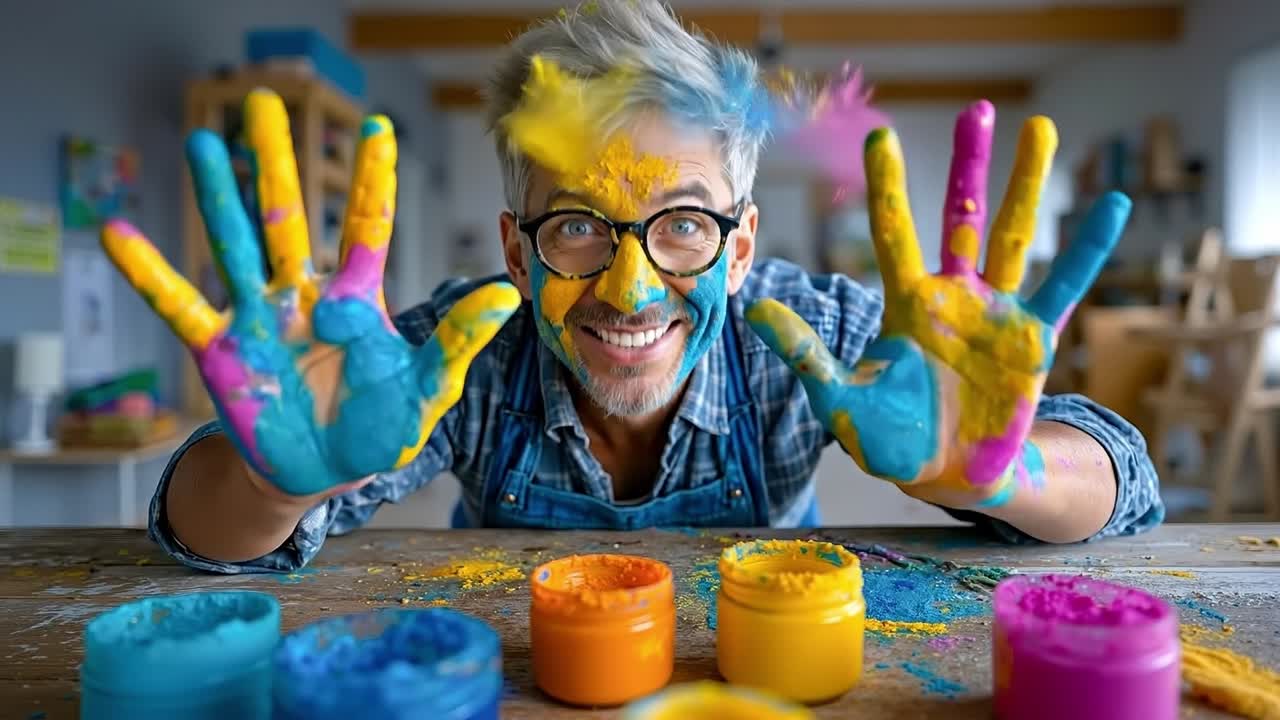 A man with his hands painted in bright colors