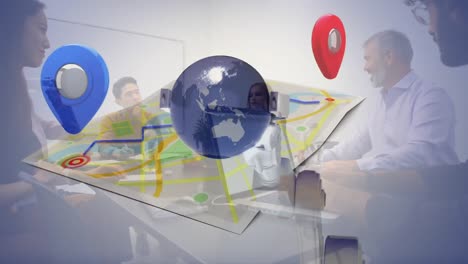 animation of location pins, cctv camera with map over business people