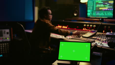 ingeniero de seguimiento afroamericano trabaja con greenscreen