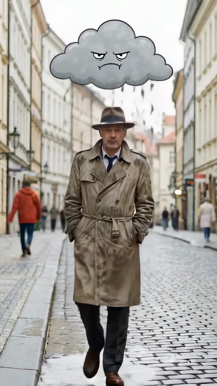 Vertical video: Walking man in trench coat, fedora heading to camera on wet street, cartoon cloud
