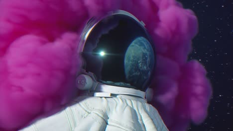 astronaut in space with pink smoke