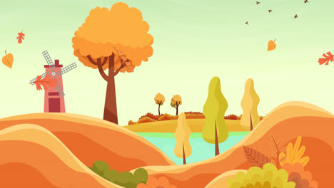 una animación de diseño plano paisaje de otoño con molino de viento