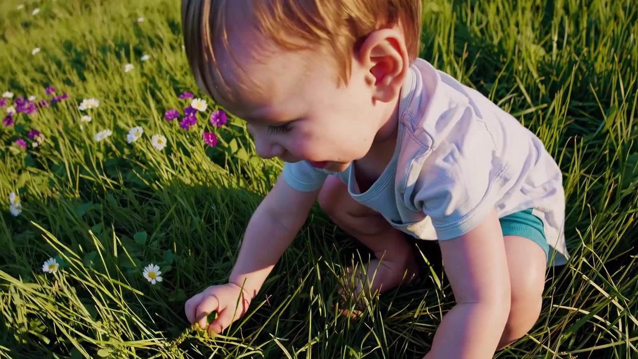 Toddler Playing and Picking Flowers in a Sunny Meadow