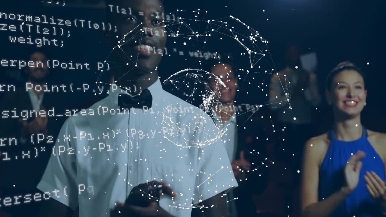 Animation of globe and data processing over diverse colleagues clapping hands at meeting