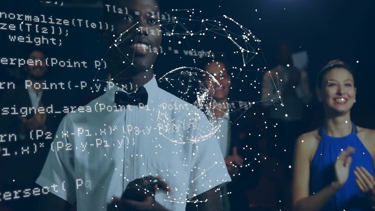 Animation of globe and data processing over diverse colleagues clapping hands at meeting