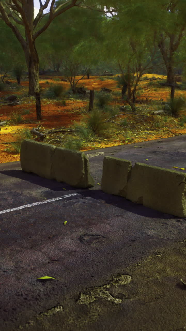 A barricade interrupts a quiet road