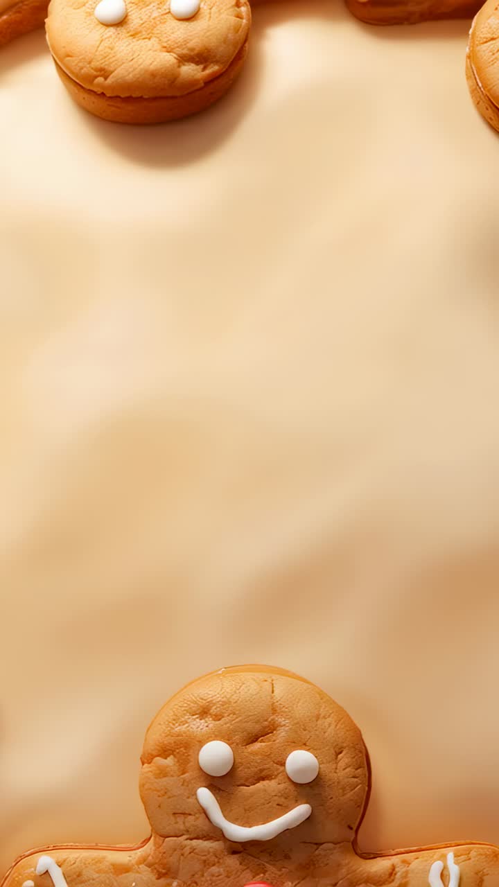 Vertical video: Wobbling camera showing gingerbread cookie shifting on beige tray with icing smile