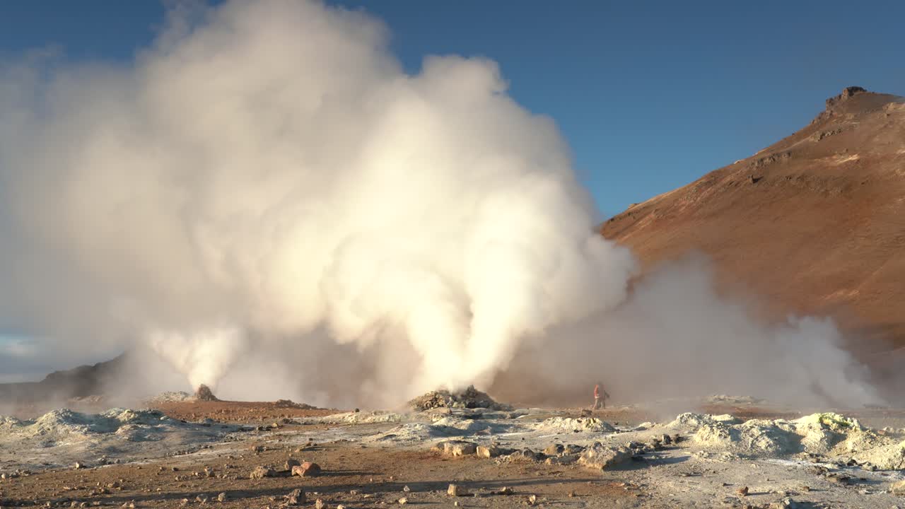 Hiker Exploring a Geothermal Area in Iceland