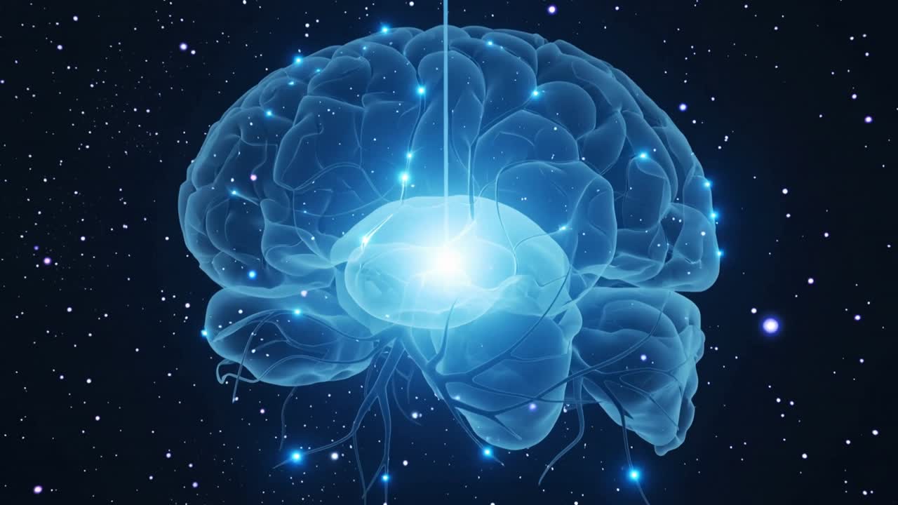 Modello di cervello trasparente pulsante che riceve un fascio di luce sui nodi, sprigionando scintille nello spazio e mostrando l'attivazione neuronale.