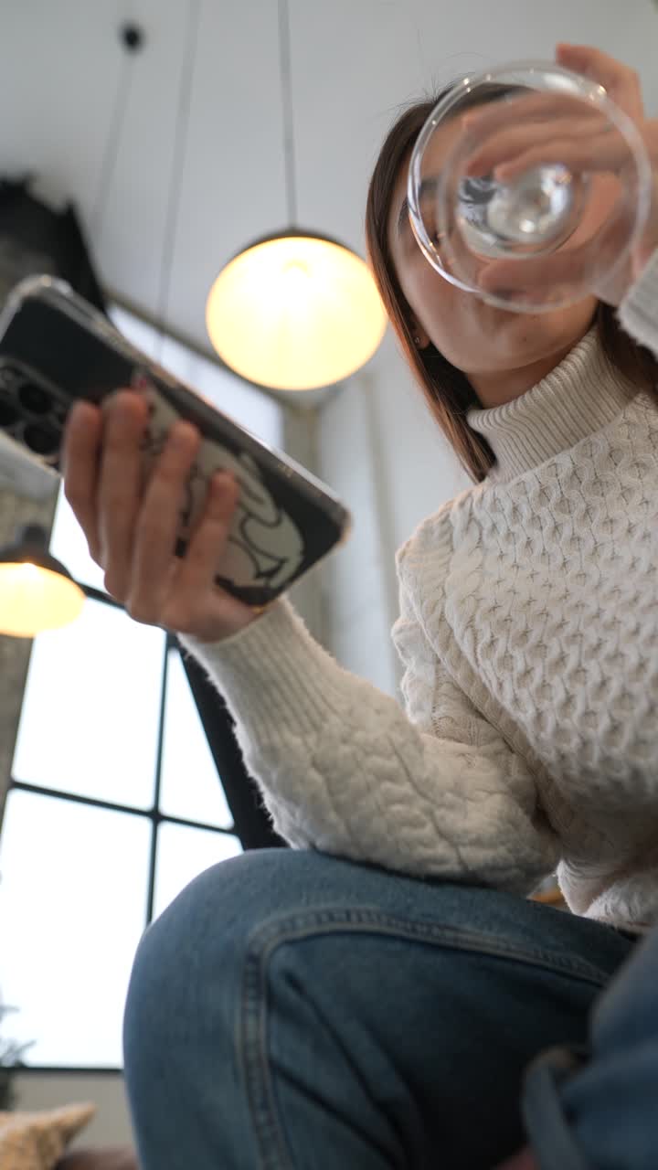 mujer joven bebiendo cócteles y mirando su teléfono en un café