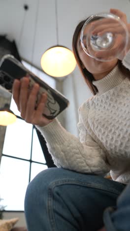 young woman drinking cocktail and looking at her phone in a cafe