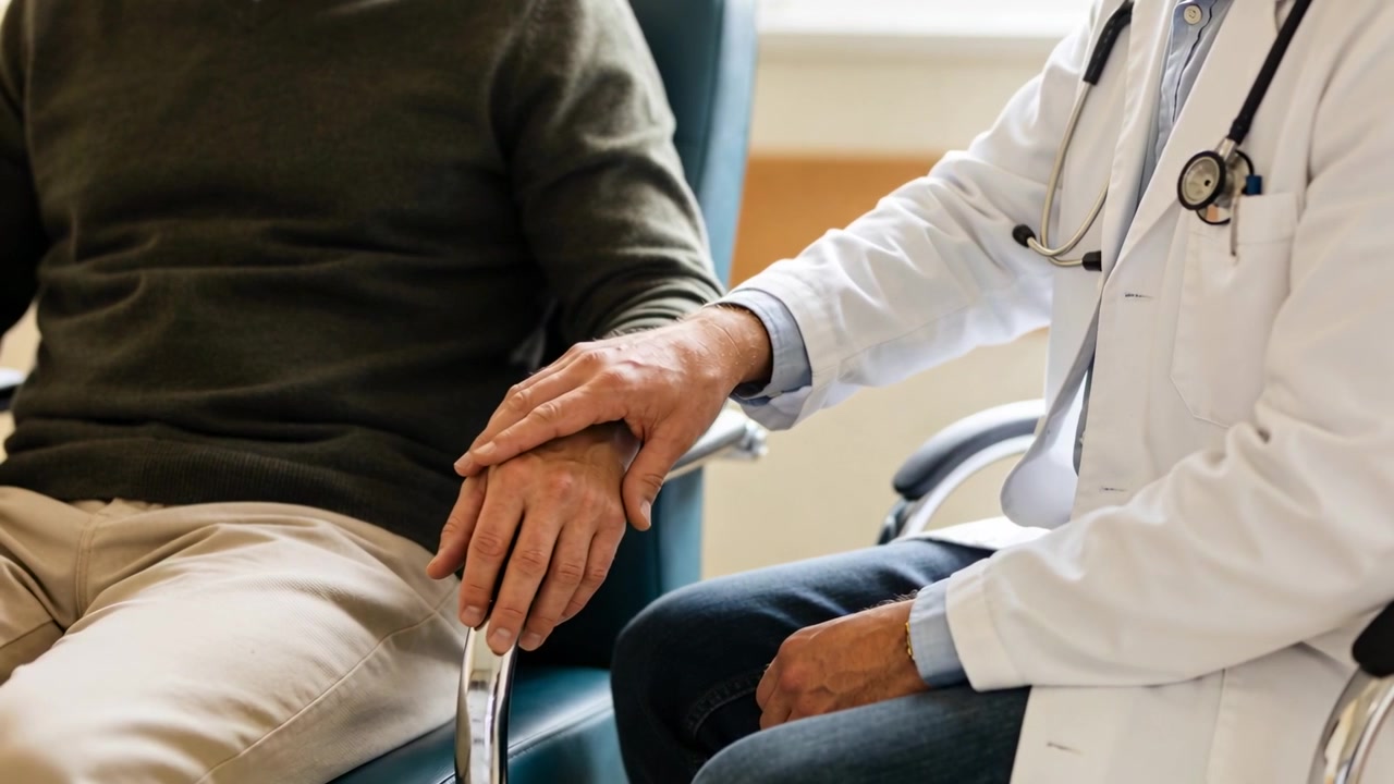 Medico in camice bianco che si protende e posa la mano sul polso del paziente in clinica, controllando il polso.