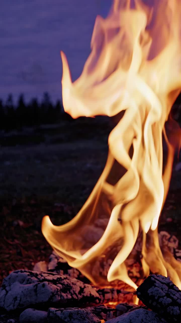 Video ravvicinato di fiamme danzanti contro un cielo crepuscolare, ripreso da un'angolazione bassa