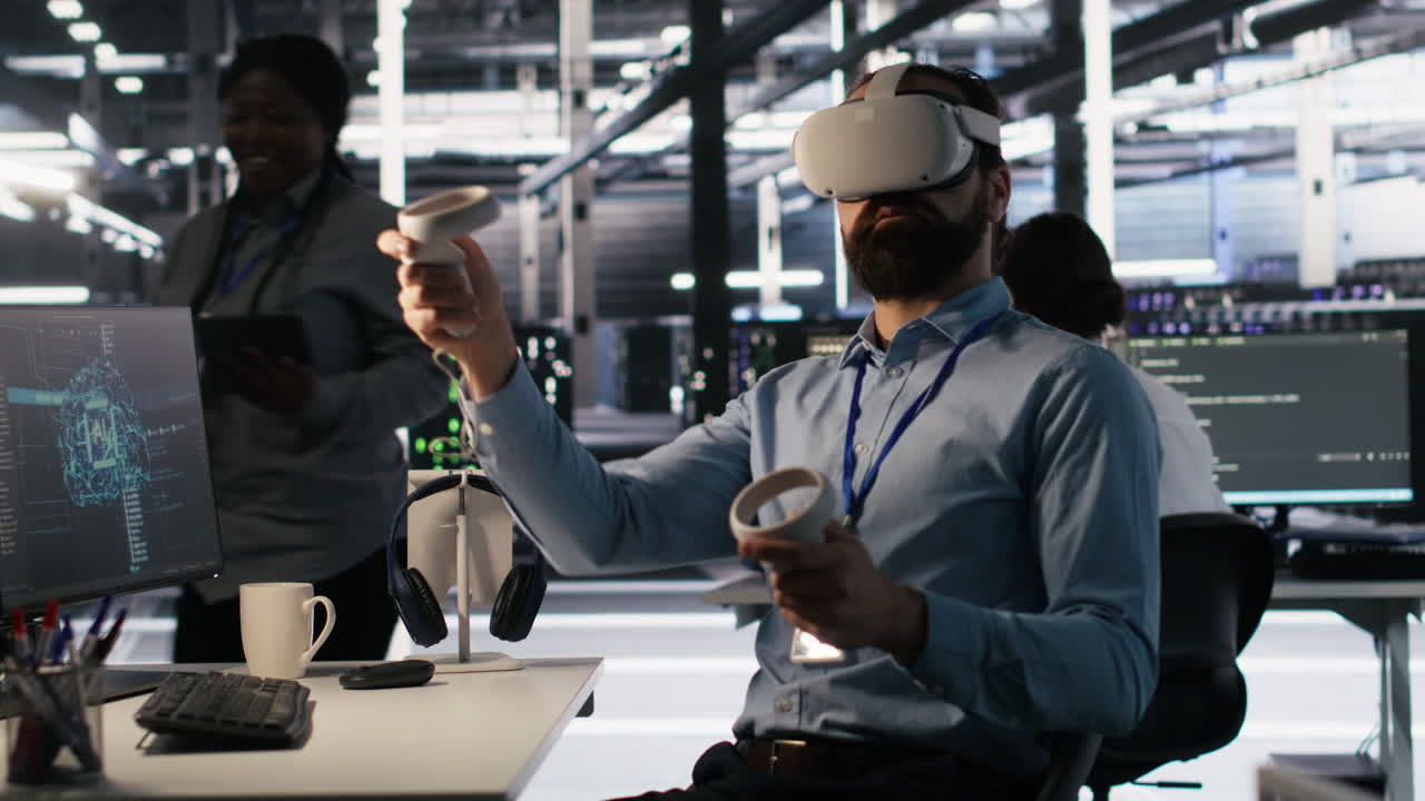 Vertical video Admin using VR headset in data center to update server tech