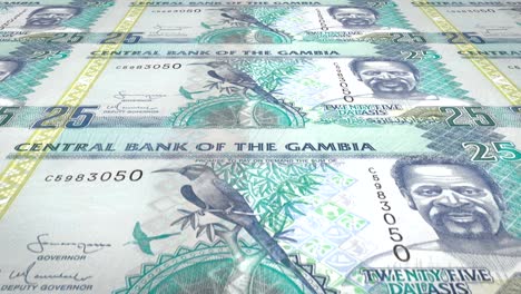 billetes de veinticinco dalasis gambianos de gambia rodando, dinero en efectivo, bucle