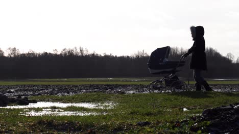 Silhouette-of-woman-push-baby-carriage-near-field-and-puddle,-bright-sky