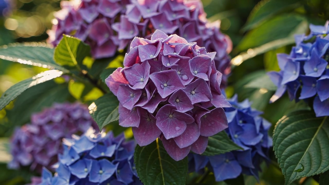 Vibrant Purple and Blue Hydrangea Flowers Blooming in a Sunny Garden