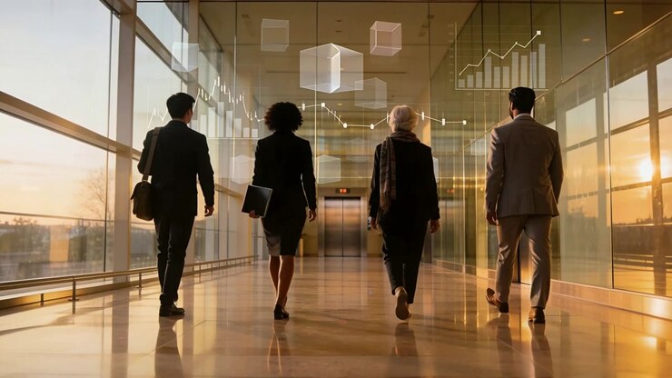Entering frame four in suits walking down glass hall to elevator holding tablet, shoulder bag