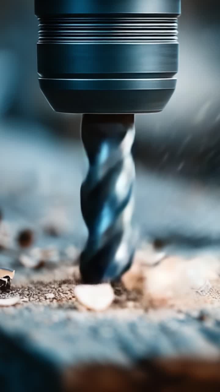 Primo piano ad alta velocità di una punta da trapano che penetra un materiale, creando scintille e trucioli in un'ambientazione nitida e a fuoco.