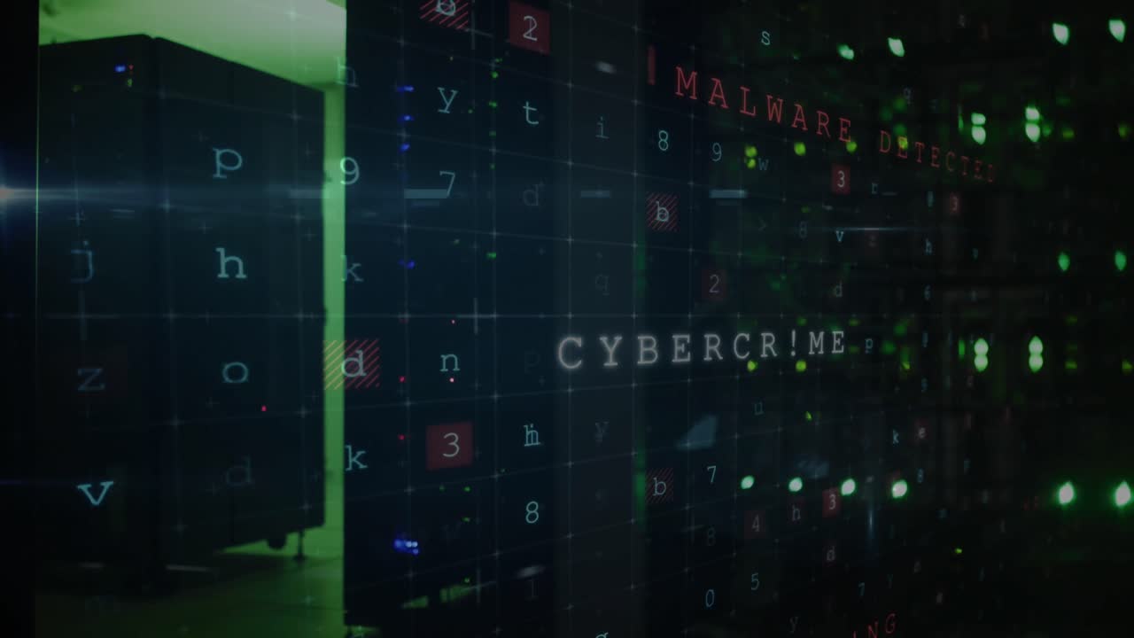 animación del procesamiento de datos y advertencia de ataque cibernético en línea sobre luces verdes de servidores de computadoras