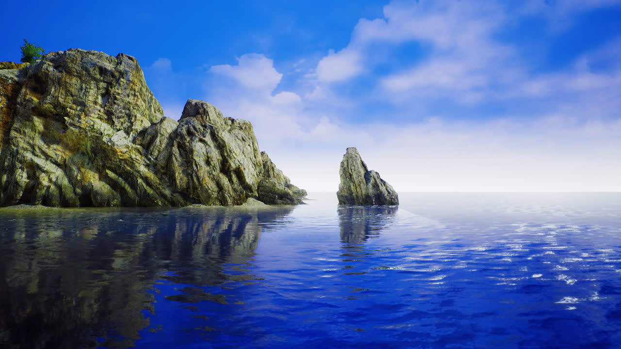 Serene coastal landscape with rocky formations and tranquil waters at sunset