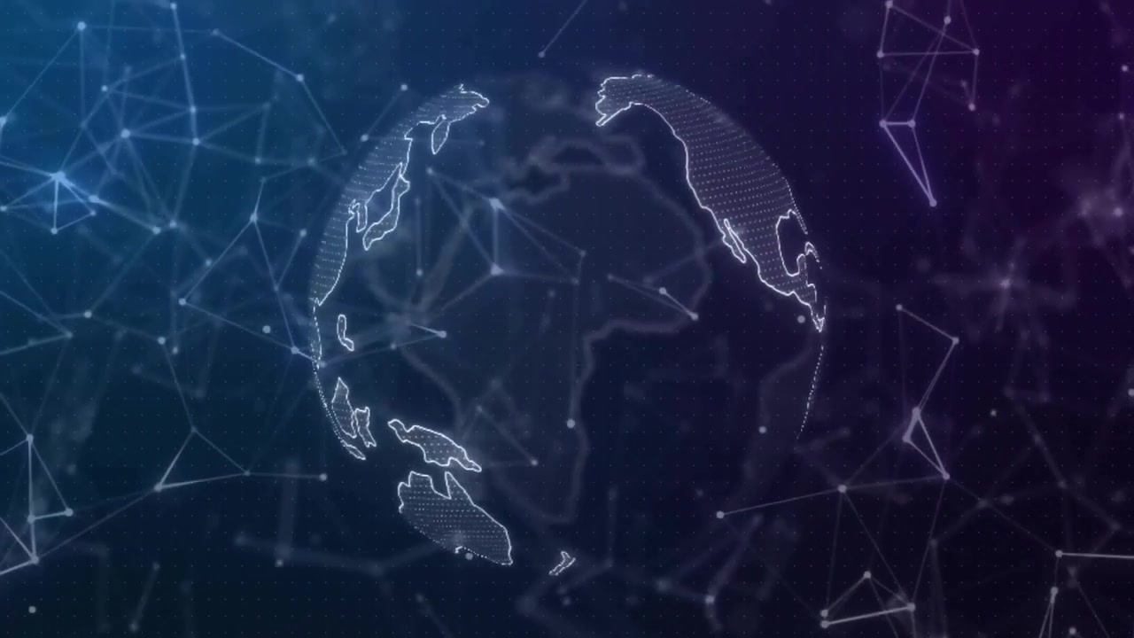 Wireframe globe emerging, bars expanding, rings dissolving to reveal globe rotating eastward
