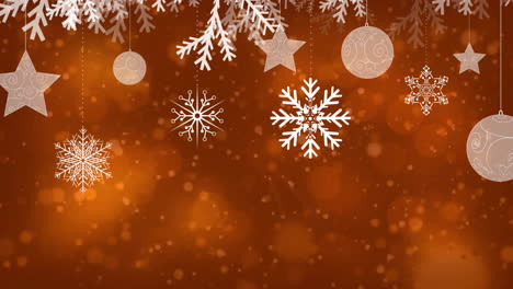 animación de copos de nieve navideños cayendo y manchas de luz en fondo marrón