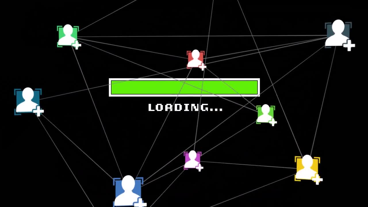 검은색 배경의 로딩 바 위에 소셜 미디어 아이콘과 연결 네트워크의 애니메이션