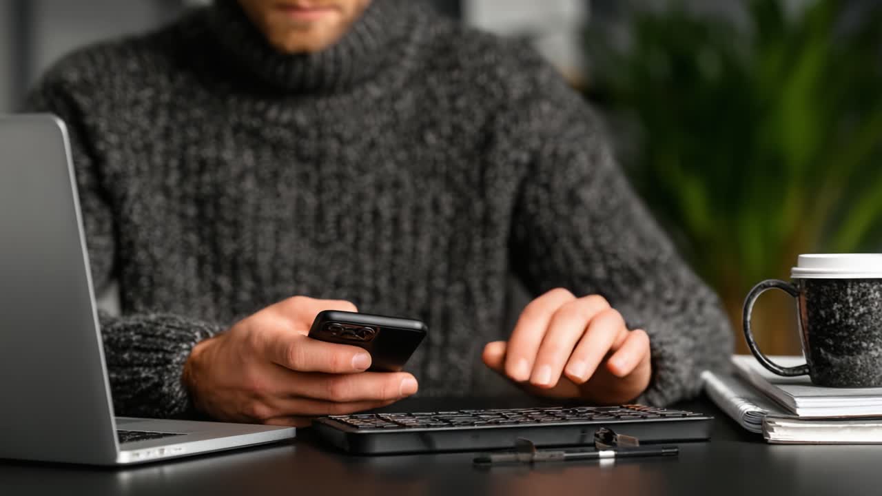 Un individuo concentrato che interagisce con uno smartphone mentre digita su una tastiera, catturando un momento di produttività in uno spazio di lavoro contemporaneo adornato con vegetazione.
