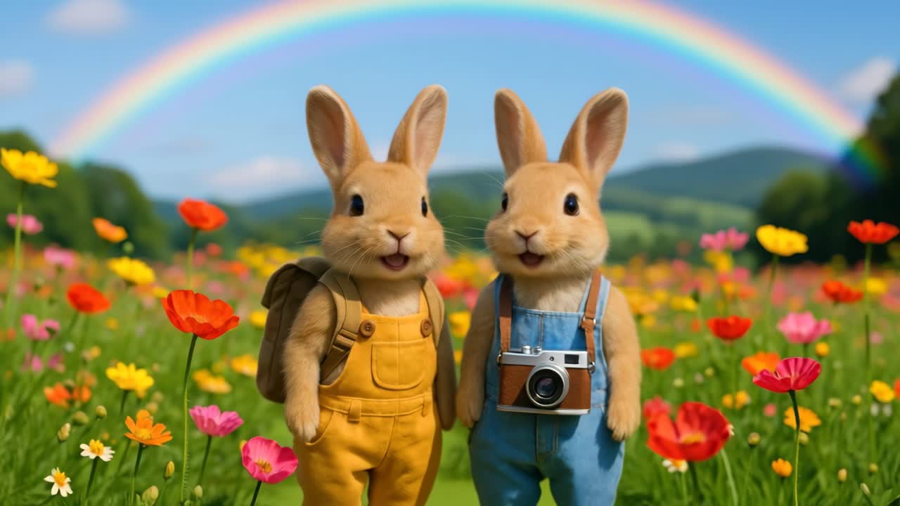 Two cute rabbits in overalls pose in a vibrant flower field with a rainbow backdrop