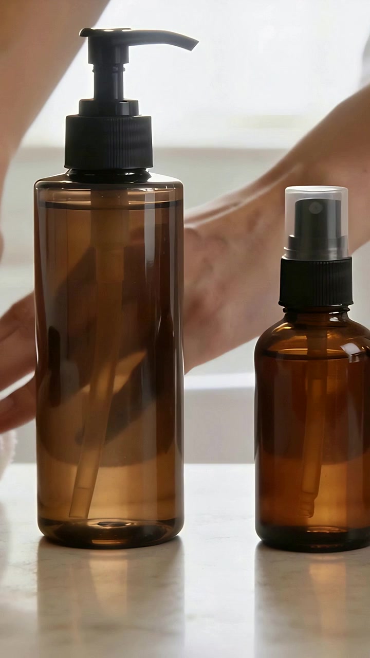 Video verticale: Mani sinistre che entrano nella maglietta regolando uno spray a pompa ambrato su una toeletta con asciugamano per la preparazione