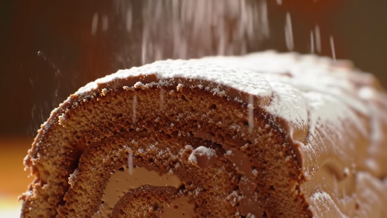 Delicious Chocolate Swiss Roll with Dusting of Sugar, Captured in Close-Up to Highlight the Swirls and Rich Filling, Perfect for Dessert Lovers and Baking Enthusiasts