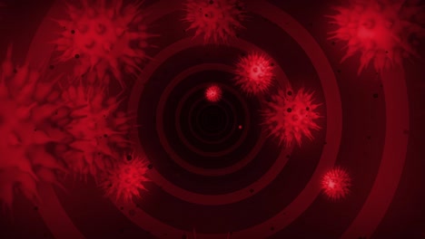 animación del virus corona covid 19 3d bucle listo virus y gérmenes giran en el fondo rojo círculo túnel, 4k 60fps
