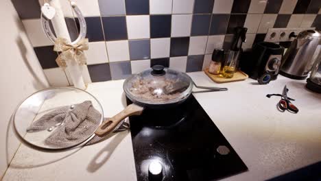 timelapse of frying meat on stovetop before adding it to soup with vegetables
