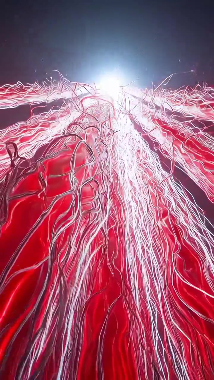 Video vertical: Destello superior que se ilumina impulsando zarcillos de columna roja hacia arriba, hacia la luz en un vacío oscuro.