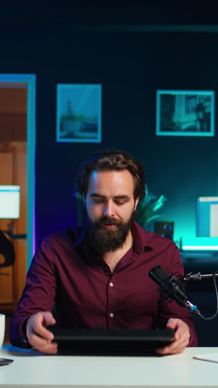 Guru di tecnologia che realizza video verticali e recensioni tecnologiche di un controller DJ appena rilasciato