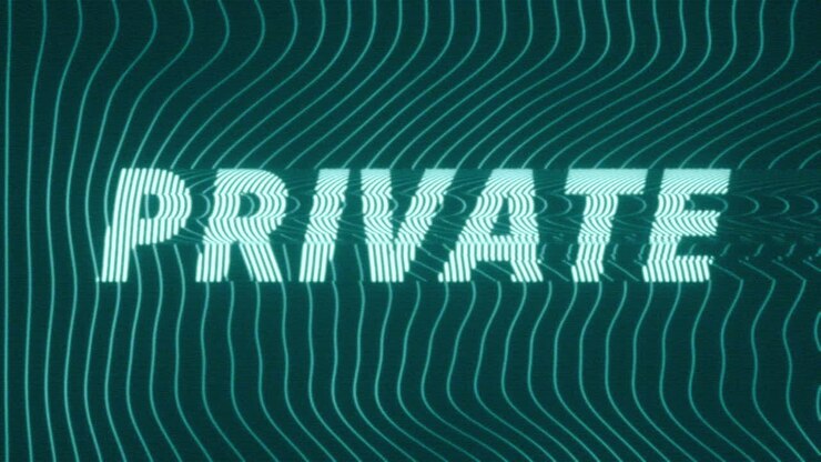 Animated privacy concept featuring glitching Private text over a dark blue background with flowing neon wave lines and subtle digital distortion