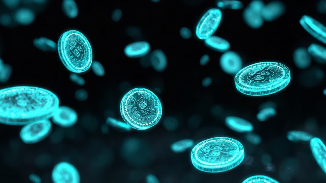 Numerous holographic bitcoin coins endlessly falling against a dark background, representing the futuristic and digital nature of cryptocurrency, blockchain technology, and decentralized finance