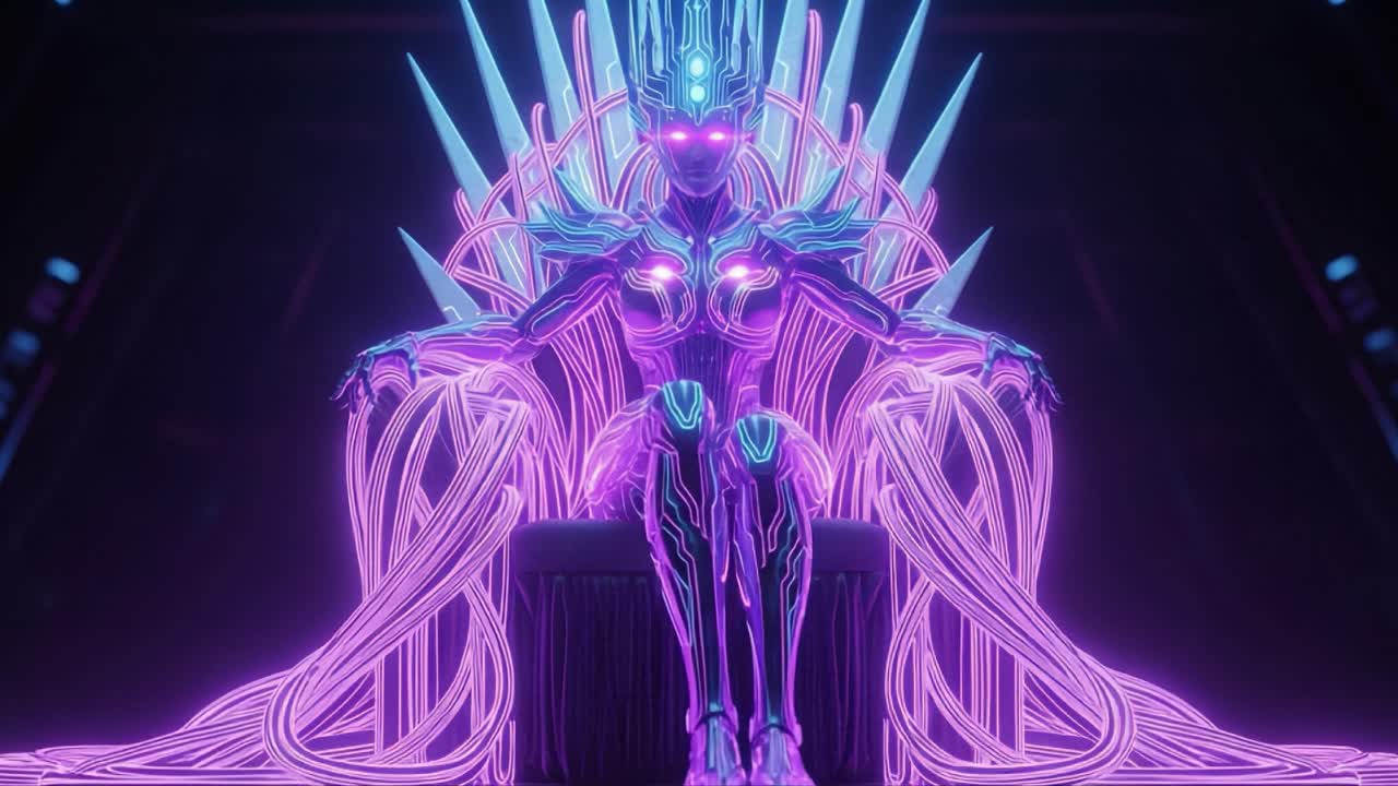 A Futuristic Cybernetic Monarch Resides on an Intricate Throne of Pulsating Neon Light, Radiating Power and Majesty in a Stunning Neon-Drenched Environment