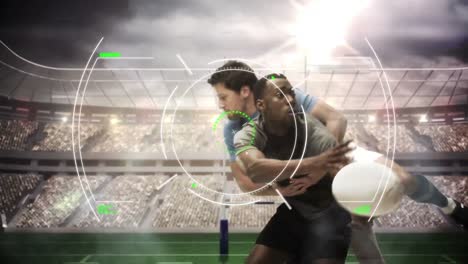 Animation-of-digital-interface-with-safe-lock-rotating-over-rugby-players