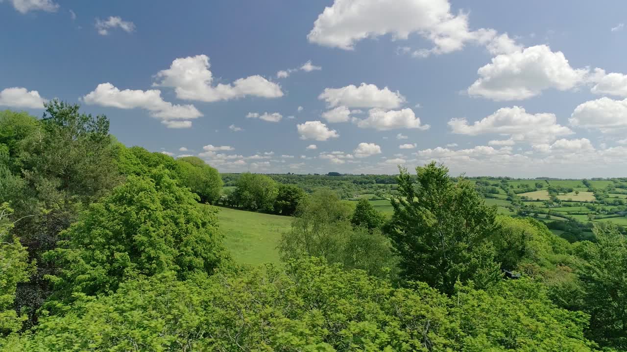 paso lento por las copas de los árboles entre verdes campos ingleses y un vasto paisaje rural con un pintoresco cielo azul con nubes hinchadas